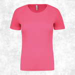 A women's short-sleeve athletic t-shirt in a vibrant pink color, displayed against a light gray textured background.