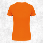 A bright orange short-sleeve athletic t-shirt shown from the back, displayed on a light gray textured background.