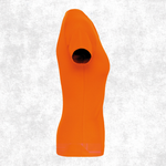 A bright orange short-sleeve t-shirt displayed on a ghost mannequin against a textured light gray background.