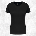 A black short-sleeve crew-neck athletic t-shirt displayed on a light gray, textured background.