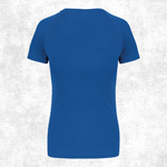 A royal blue short-sleeve athletic t-shirt shown from the back, displayed on a light gray textured background.