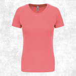 A coral pink short-sleeve crewneck athletic t-shirt displayed on a light gray textured background.