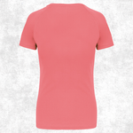 A coral pink short-sleeve athletic t-shirt shown from the back, displayed on a light gray textured background.
