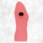 A coral pink short-sleeve t-shirt displayed on a ghost mannequin against a textured light gray background.