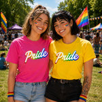 Two smiling women standing outdoors at a festival, wearing bright pink and yellow T-shirts with the word