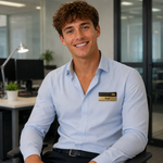 A smiling man with curly brown hair sits in an office chair wearing a light blue button-down shirt and a gold name tag that reads 'Staff'. The background shows a blurred modern office environment with desks, computers, and glass partitions.
