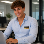 A smiling man with curly brown hair sits at a desk in an office environment, wearing a light blue button-down shirt and a gold and black name tag that reads Scott.