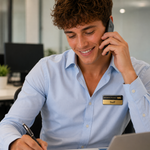 A smiling man in a light blue button-down shirt with a name tag reading 'Staff' is on the phone at his office desk.