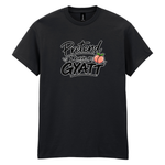 A black short-sleeve crewneck t-shirt with a graphic on the chest that reads 'Pretend I have a GYATT' in stylized white and black lettering, accompanied by a small peach illustration, shown against a plain white background.