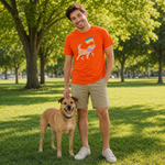 A man standing in a sunny park with a tan dog, wearing a bright orange graphic T-shirt, khaki shorts, and white sneakers.