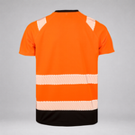 High-visibility safety vest in bright orange with reflective diagonal-striped horizontal bands and a black hem, shown from the back on a light gray background.