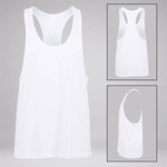 White racerback tank top shown from the front with two inset views on the right showing the back and side angles, on a light gray background.