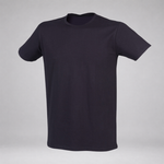A plain short-sleeve crewneck t-shirt in a very dark navy blue, displayed on an invisible mannequin against a light gray studio background.