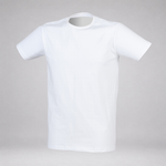 A plain white short-sleeve crewneck t-shirt displayed on a neutral gray mannequin torso against a light gray background.