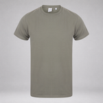 A plain short-sleeve crewneck t-shirt in a muted olive-gray color, displayed on a neutral light gray background.