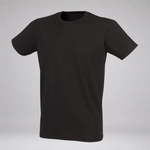 A classic black short-sleeve crewneck t-shirt displayed on a neutral light gray background.