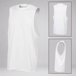 A white sleeveless muscle tank top shown from the front, with two inset views on the right showing the back and side angles, all on a light gray background.