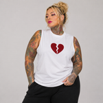 A woman with tattoos wearing a white sleeveless muscle tank top with a red broken heart graphic on the chest, paired with black pants, against a solid light gray background.