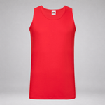 A bright red sleeveless tank top displayed flat against a neutral gray background.