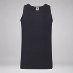 A plain dark navy sleeveless tank top displayed against a neutral gray background.
