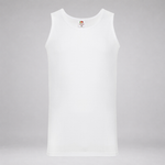 A plain white sleeveless tank top displayed against a neutral gray background.