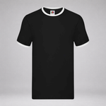 A black short-sleeve t-shirt with white contrast trim on the crew neck and sleeve cuffs, displayed against a neutral gray background.