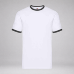 A white short-sleeve ringer T-shirt with black trim on the crew neck and sleeve cuffs, displayed against a neutral gray background.