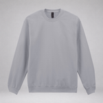 A light gray crewneck sweatshirt with long sleeves and ribbed cuffs and hem, displayed against a neutral gray background.