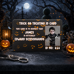 A Halloween-themed 'Trick or Treating ID Card' displayed on a dark, spooky tabletop. The card features a black background with orange jack-o'-lantern faces, white text identifying 'James' as 'Edward Scissorhands', and a placeholder photo of a creepy character.