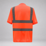 Bright orange high-visibility short-sleeve shirt shown from the back, with dark gray reflective shoulder straps and horizontal stripes, photographed on a light gray studio background.