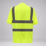 A high-visibility neon yellow short-sleeve safety vest shown from the back, featuring two horizontal dark gray reflective stripes and a vertical U-shaped shoulder strap design.