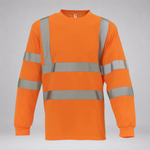 An orange long-sleeve high-visibility work shirt with reflective silver-gray stripes on the chest, shoulders, and sleeves, shown against a neutral gray background.