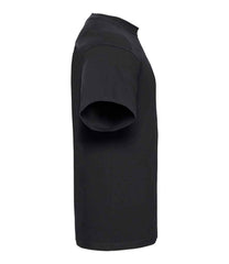 010M Black Left - short-sleeve t-shirt featuring a twin-needle coverseamed ribbed neck trim, self-fabric taped neck, double layer yoke and shoulder panels for durability, twin-needle armholes, and twin-needle sleeves and hem. Suitable for a 60°C domestic wash