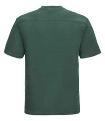 010M Bottle Green Back - short-sleeve t-shirt featuring a twin-needle coverseamed ribbed neck trim, self-fabric taped neck, double layer yoke and shoulder panels for durability, twin-needle armholes, and twin-needle sleeves and hem. Suitable for a 60°C domestic wash