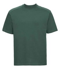 010M Bottle Green Front - short-sleeve t-shirt featuring a twin-needle coverseamed ribbed neck trim, self-fabric taped neck, double layer yoke and shoulder panels for durability, twin-needle armholes, and twin-needle sleeves and hem. Suitable for a 60°C domestic wash
