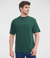 010M Bottle Green Model - short-sleeve t-shirt featuring a twin-needle coverseamed ribbed neck trim, self-fabric taped neck, double layer yoke and shoulder panels for durability, twin-needle armholes, and twin-needle sleeves and hem. Suitable for a 60°C domestic wash