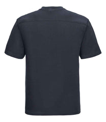 010M French Navy Back - short-sleeve t-shirt featuring a twin-needle coverseamed ribbed neck trim, self-fabric taped neck, double layer yoke and shoulder panels for durability, twin-needle armholes, and twin-needle sleeves and hem. Suitable for a 60°C domestic wash