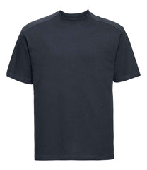 010M French Navy Front - short-sleeve t-shirt featuring a twin-needle coverseamed ribbed neck trim, self-fabric taped neck, double layer yoke and shoulder panels for durability, twin-needle armholes, and twin-needle sleeves and hem. Suitable for a 60°C domestic wash