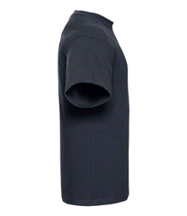 010M French Navy Left - short-sleeve t-shirt featuring a twin-needle coverseamed ribbed neck trim, self-fabric taped neck, double layer yoke and shoulder panels for durability, twin-needle armholes, and twin-needle sleeves and hem. Suitable for a 60°C domestic wash
