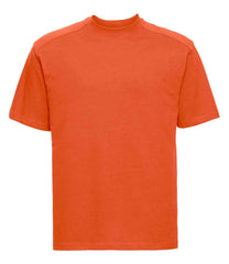 010M Orange Front - short-sleeve t-shirt featuring a twin-needle coverseamed ribbed neck trim, self-fabric taped neck, double layer yoke and shoulder panels for durability, twin-needle armholes, and twin-needle sleeves and hem. Suitable for a 60°C domestic wash