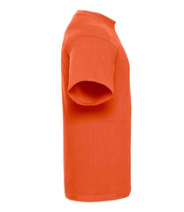 010M Orange Left - short-sleeve t-shirt featuring a twin-needle coverseamed ribbed neck trim, self-fabric taped neck, double layer yoke and shoulder panels for durability, twin-needle armholes, and twin-needle sleeves and hem. Suitable for a 60°C domestic wash