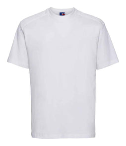 010M White Front - short-sleeve t-shirt featuring a twin-needle coverseamed ribbed neck trim, self-fabric taped neck, double layer yoke and shoulder panels for durability, twin-needle armholes, and twin-needle sleeves and hem. Suitable for a 60°C domestic wash