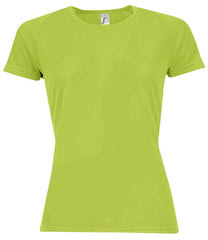 01159 Apple Green Front - Black short-sleeve Ladies fit t-shirt that runs small compared to some other brands, with textured breathable fabric, self-fabric bound collar, raglan sleeves, twin needle sleeves and hem, and a curved back hem. Suitable for sublimation printing. Please check sizing before decoration