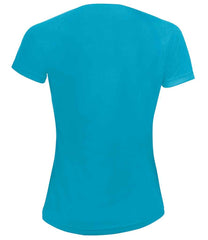 01159 Aqua Back - Black short-sleeve Ladies fit t-shirt that runs small compared to some other brands, with textured breathable fabric, self-fabric bound collar, raglan sleeves, twin needle sleeves and hem, and a curved back hem. Suitable for sublimation printing. Please check sizing before decoration