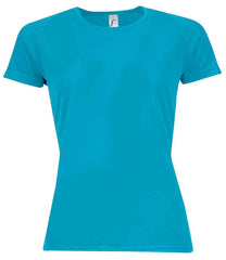 01159 Aqua Front - Black short-sleeve Ladies fit t-shirt that runs small compared to some other brands, with textured breathable fabric, self-fabric bound collar, raglan sleeves, twin needle sleeves and hem, and a curved back hem. Suitable for sublimation printing. Please check sizing before decoration