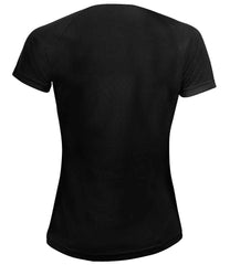 01159 Black Back - Black short-sleeve Ladies fit t-shirt that runs small compared to some other brands, with textured breathable fabric, self-fabric bound collar, raglan sleeves, twin needle sleeves and hem, and a curved back hem. Suitable for sublimation printing. Please check sizing before decoration