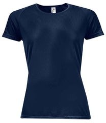 01159 French Navy Front - Black short-sleeve Ladies fit t-shirt that runs small compared to some other brands, with textured breathable fabric, self-fabric bound collar, raglan sleeves, twin needle sleeves and hem, and a curved back hem. Suitable for sublimation printing. Please check sizing before decoration