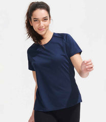 01159 French Navy Model - Black short-sleeve Ladies fit t-shirt that runs small compared to some other brands, with textured breathable fabric, self-fabric bound collar, raglan sleeves, twin needle sleeves and hem, and a curved back hem. Suitable for sublimation printing. Please check sizing before decoration
