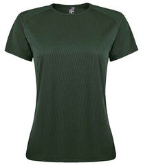 01159 Forest Green Front - Black short-sleeve Ladies fit t-shirt that runs small compared to some other brands, with textured breathable fabric, self-fabric bound collar, raglan sleeves, twin needle sleeves and hem, and a curved back hem. Suitable for sublimation printing. Please check sizing before decoration