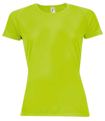 01159 Neon Green Front - Black short-sleeve Ladies fit t-shirt that runs small compared to some other brands, with textured breathable fabric, self-fabric bound collar, raglan sleeves, twin needle sleeves and hem, and a curved back hem. Suitable for sublimation printing. Please check sizing before decoration